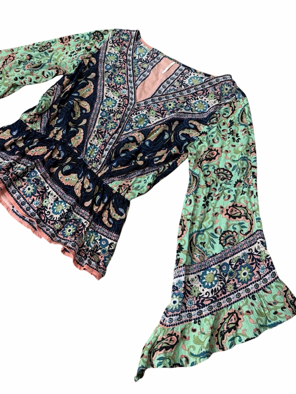 FREE PEOPLE Mint, Navy, Peach and Pink Paisley V-Neck Flowy SleevePeasant Blouse